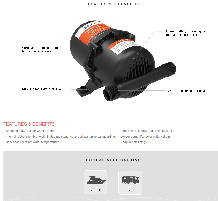 SEAFLO 0.75/1.0 Liter Pressurized Accumulator Tank