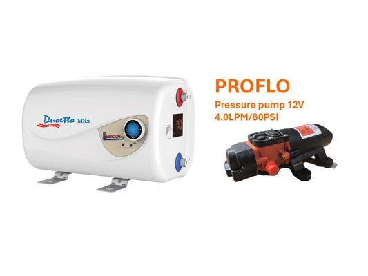 Duoetto MK2 Digital Water Heater (10L 12v/240v) + PROFLO Pressure pump 12V 4.0LPM/80PSI