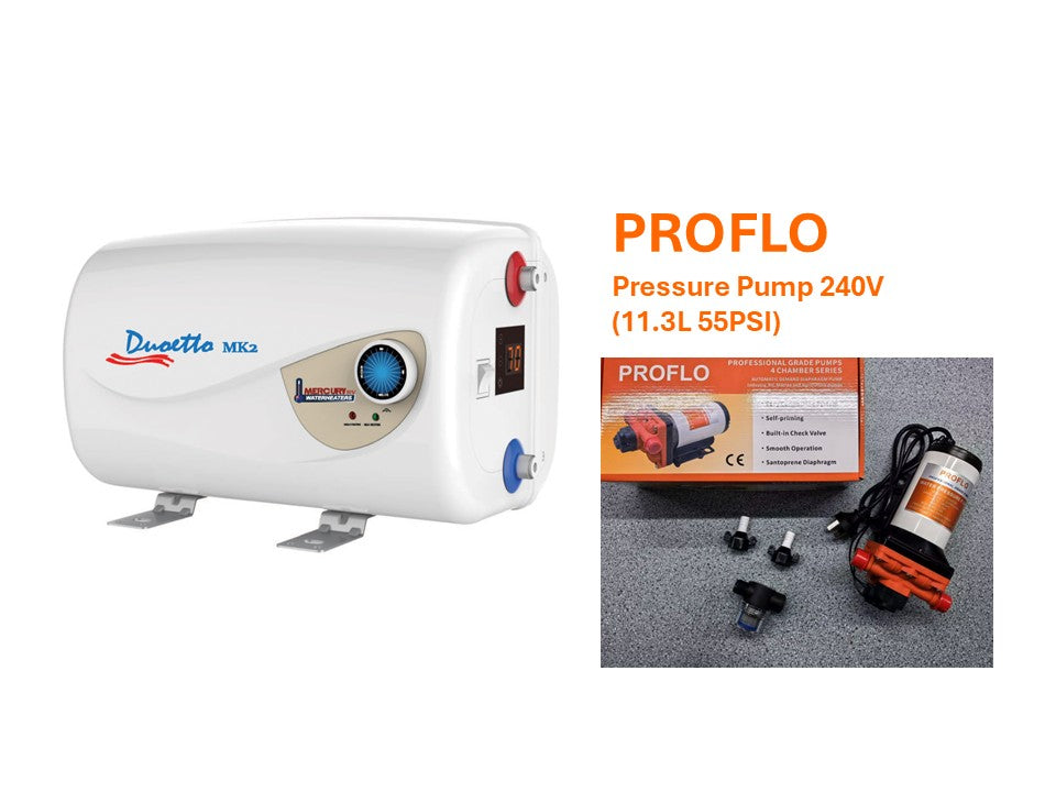 Duoetto MK2 Digital Water Heater (10L 12v/240v) + PROFLO Pressure Pump 240V (11.3L 55PSI)